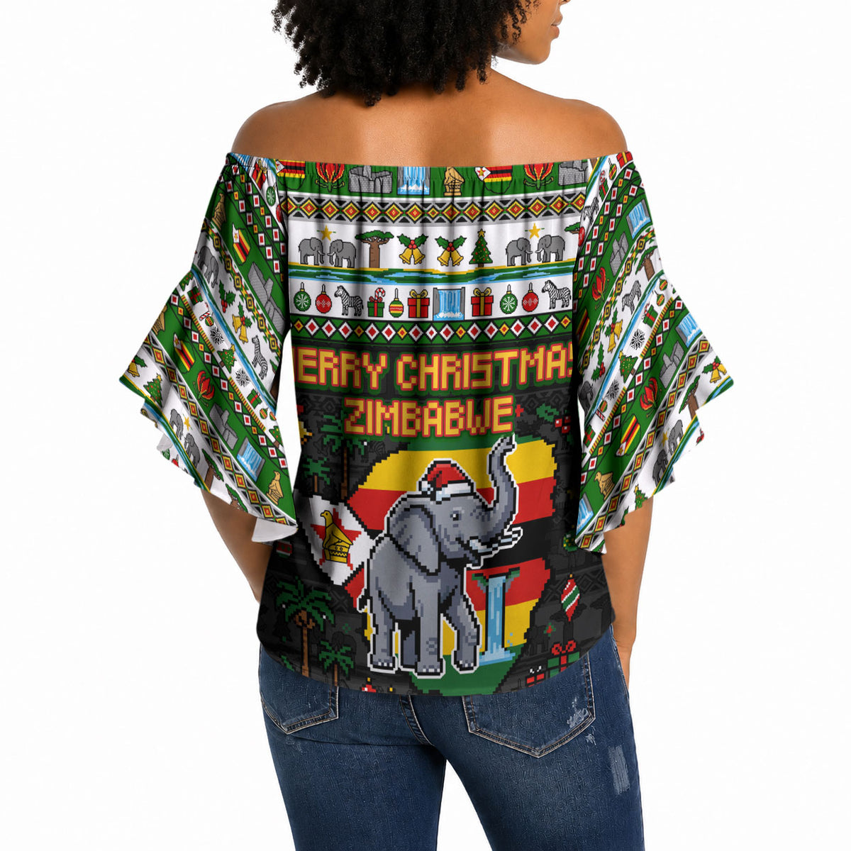 Zimbabwe Christmas Bird Elephant Off Shoulder Wrap Waist Top Kisimusi Yakanaka - Bird Victoria Falls - Ugly Pixel Art