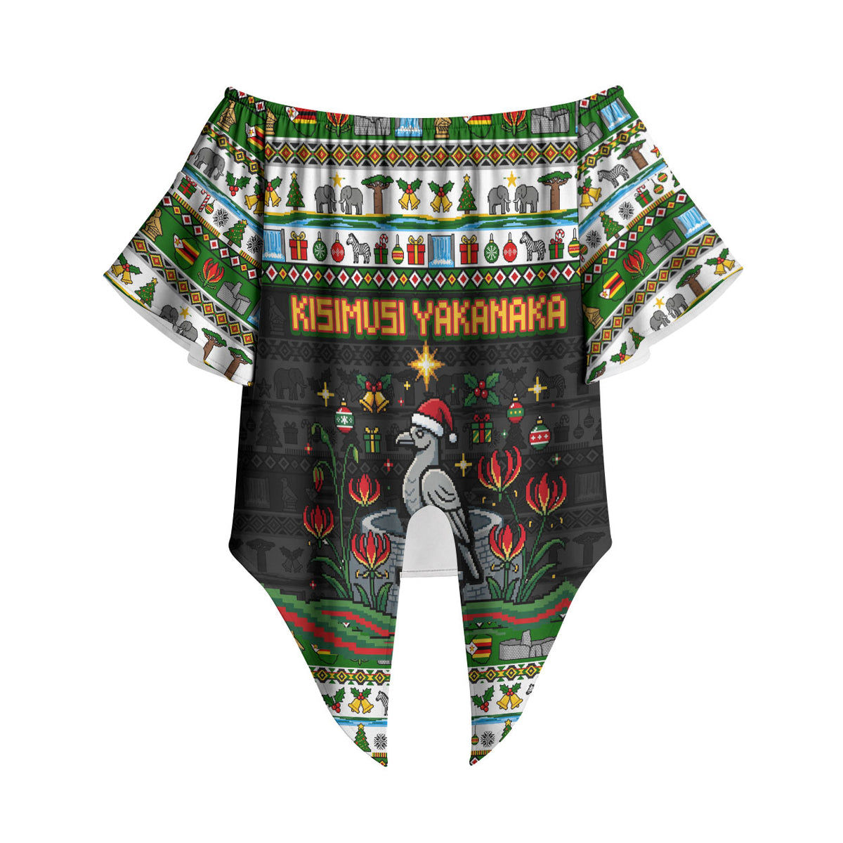 Zimbabwe Christmas Bird Elephant Off Shoulder Wrap Waist Top Kisimusi Yakanaka - Bird Victoria Falls - Ugly Pixel Art