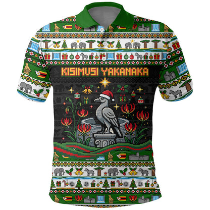 Zimbabwe Christmas Bird Elephant Polo Shirt Kisimusi Yakanaka - Bird Victoria Falls - Ugly Pixel Art