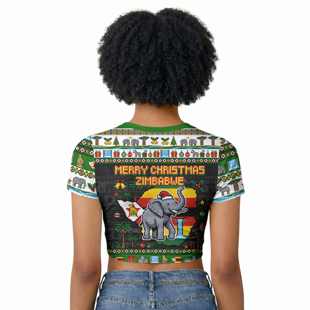 Zimbabwe Christmas Bird Elephant Raglan Cropped T shirt Kisimusi Yakanaka - Bird Victoria Falls - Ugly Pixel Art