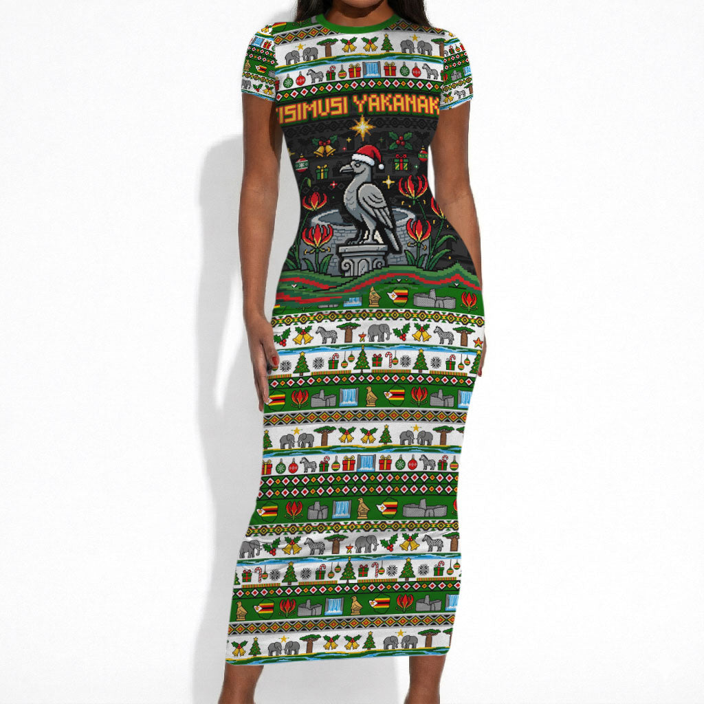 Zimbabwe Christmas Bird Elephant Short Sleeve Bodycon Dress Kisimusi Yakanaka - Bird Victoria Falls - Ugly Pixel Art