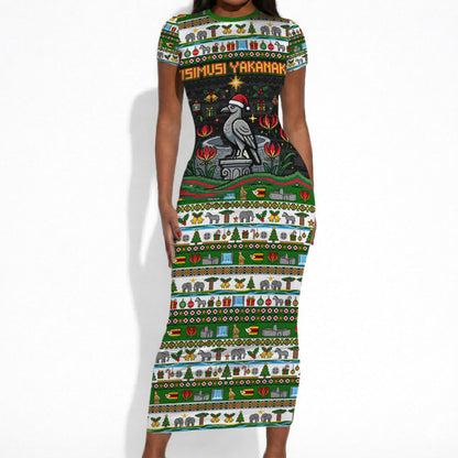 Zimbabwe Christmas Bird Elephant Short Sleeve Bodycon Dress Kisimusi Yakanaka - Bird Victoria Falls - Ugly Pixel Art