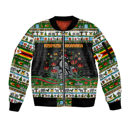 Zimbabwe Christmas Bird Elephant Sleeve Zip Bomber Jacket Kisimusi Yakanaka - Bird Victoria Falls - Ugly Pixel Art