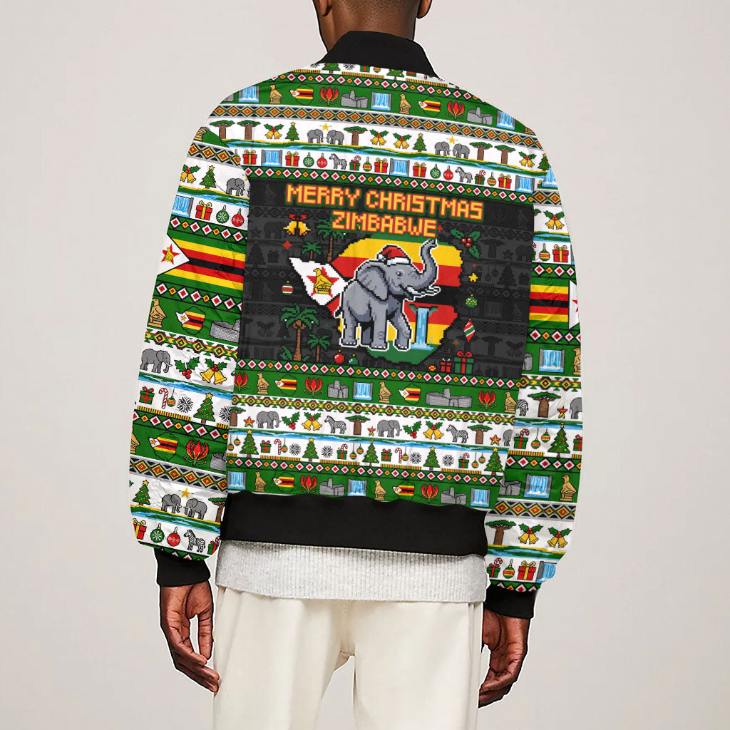 Zimbabwe Christmas Bird Elephant Sleeve Zip Bomber Jacket Kisimusi Yakanaka - Bird Victoria Falls - Ugly Pixel Art