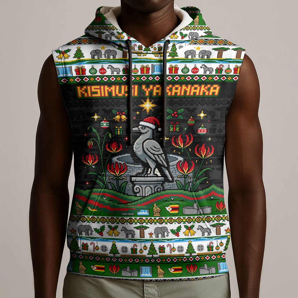 Zimbabwe Christmas Bird Elephant Sleeveless Hoodie Kisimusi Yakanaka - Bird Victoria Falls - Ugly Pixel Art
