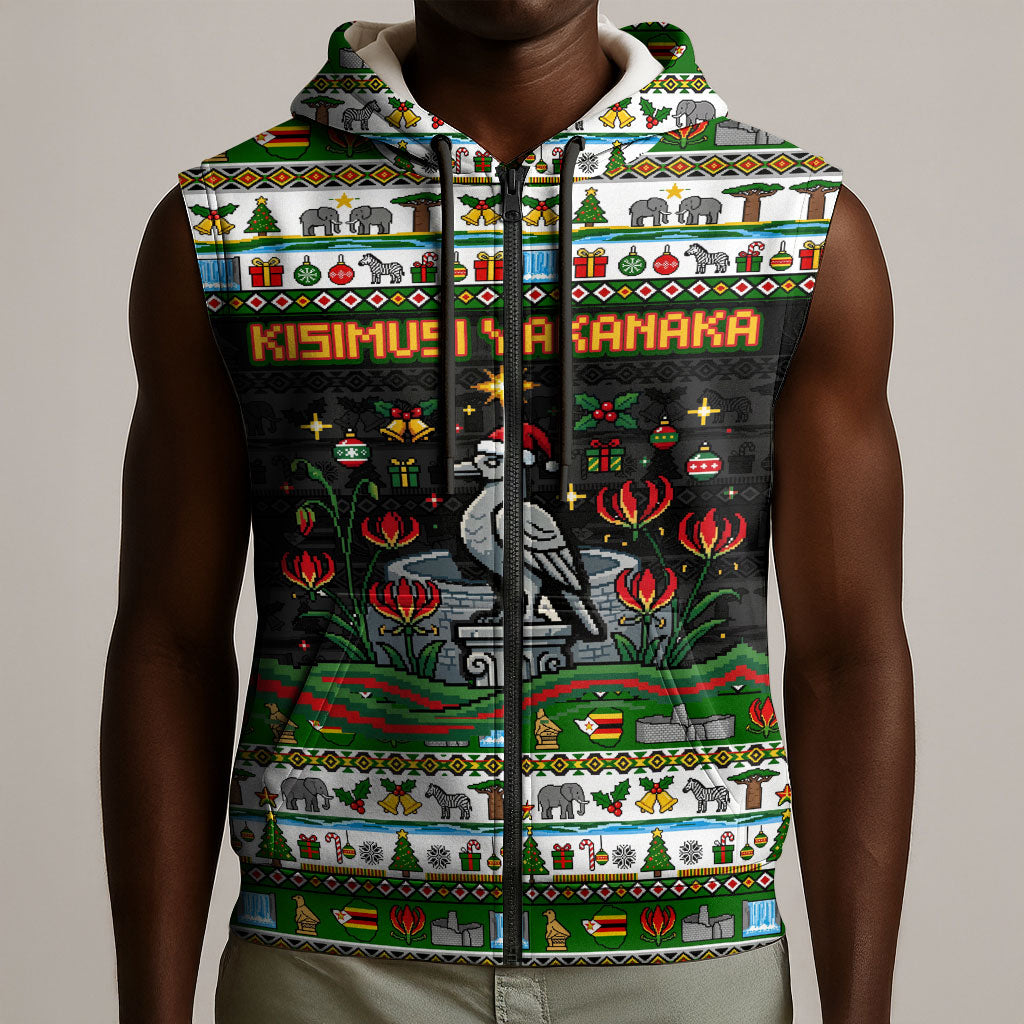 Zimbabwe Christmas Bird Elephant Sleeveless Zip Hoodie Kisimusi Yakanaka - Bird Victoria Falls - Ugly Pixel Art