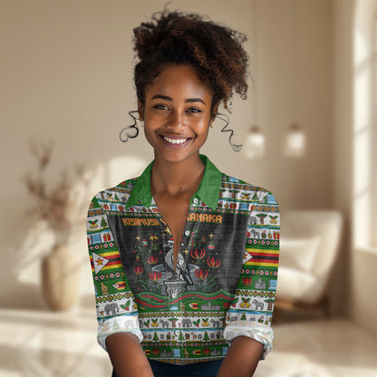 Zimbabwe Christmas Bird Elephant Women Casual Shirt Kisimusi Yakanaka - Bird Victoria Falls - Ugly Pixel Art