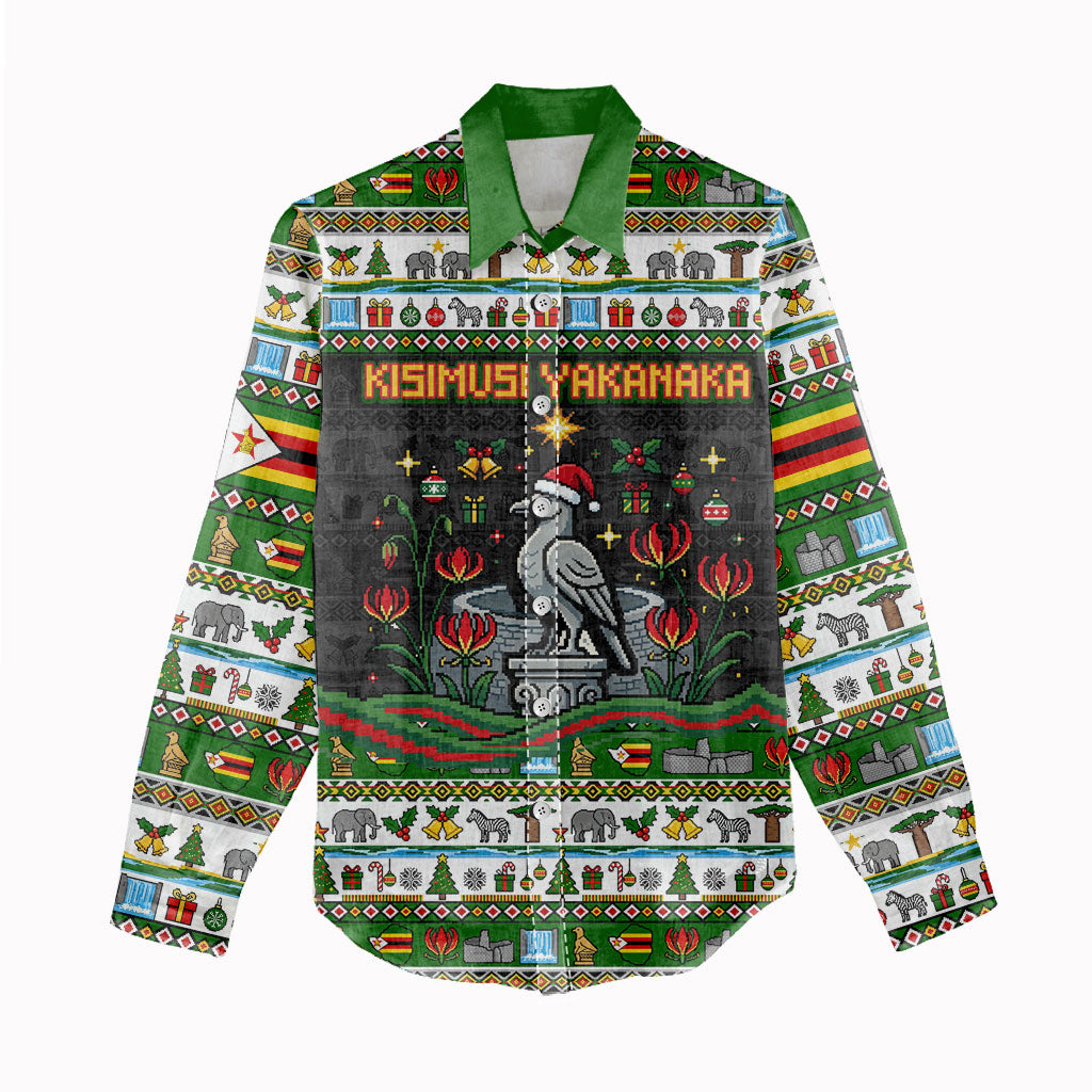 Zimbabwe Christmas Bird Elephant Women Casual Shirt Kisimusi Yakanaka - Bird Victoria Falls - Ugly Pixel Art