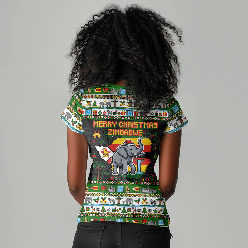 Zimbabwe Christmas Bird Elephant Women V-Neck T-Shirt Kisimusi Yakanaka - Bird Victoria Falls - Ugly Pixel Art