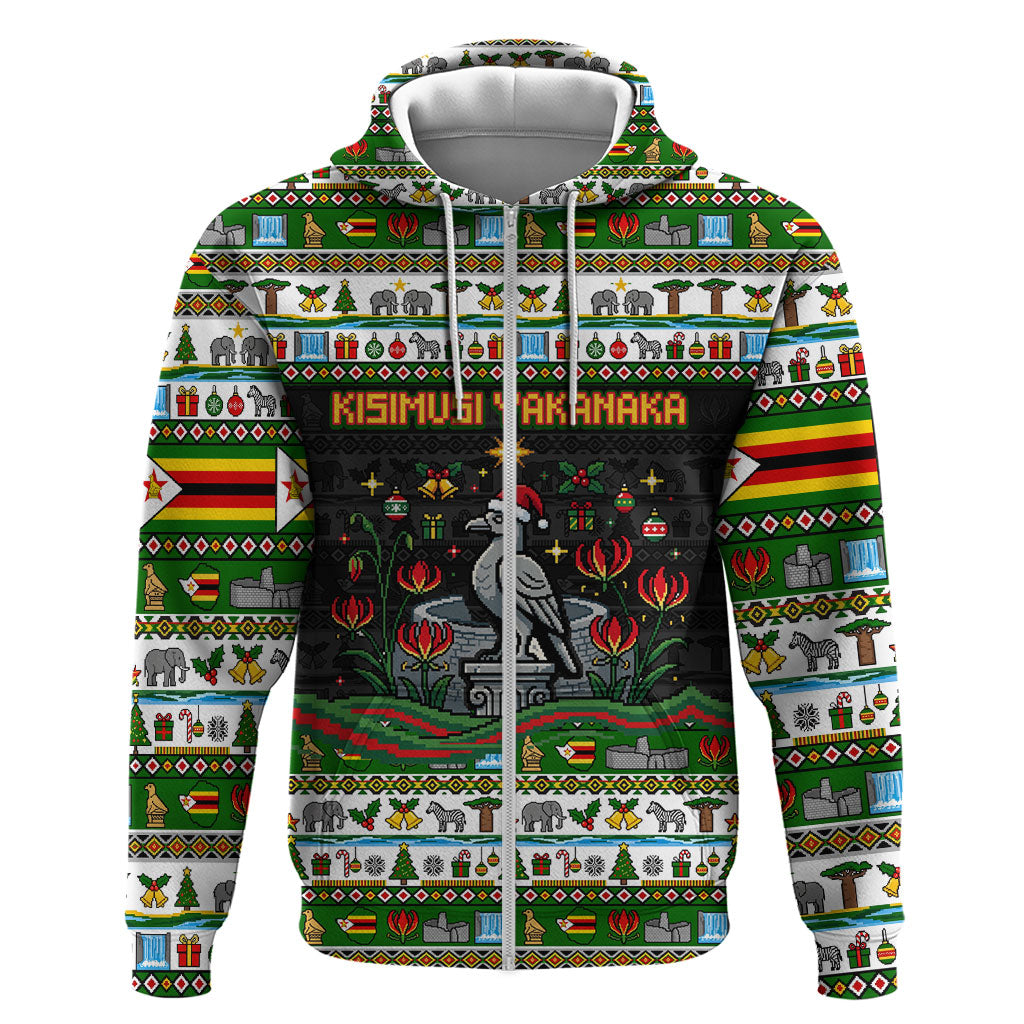 Zimbabwe Christmas Bird Elephant Zip Hoodie Kisimusi Yakanaka - Bird Victoria Falls - Ugly Pixel Art