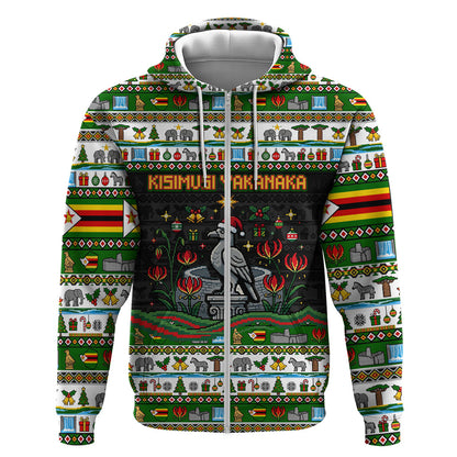 Zimbabwe Christmas Bird Elephant Zip Hoodie Kisimusi Yakanaka - Bird Victoria Falls - Ugly Pixel Art