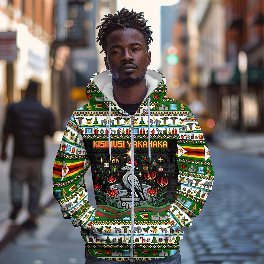 Zimbabwe Christmas Bird Elephant Zip Hoodie Kisimusi Yakanaka - Bird Victoria Falls - Ugly Pixel Art