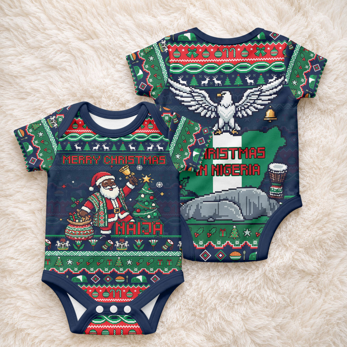 Nigeria Christmas Naija Santa Baby Onesie Zuma Rock Eagle Ugly Xmas Pixel Art