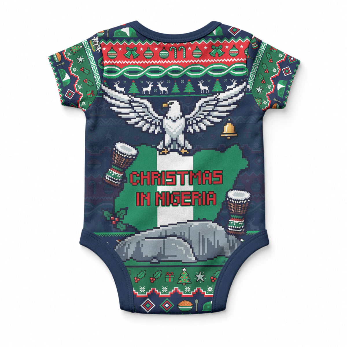 Nigeria Christmas Naija Santa Baby Onesie Zuma Rock Eagle Ugly Xmas Pixel Art