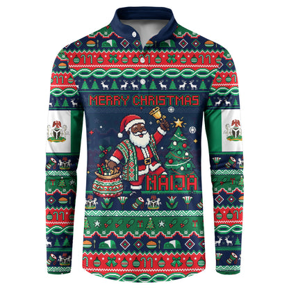 Nigeria Christmas Naija Santa Button Sweatshirt Zuma Rock Eagle Ugly Xmas Pixel Art