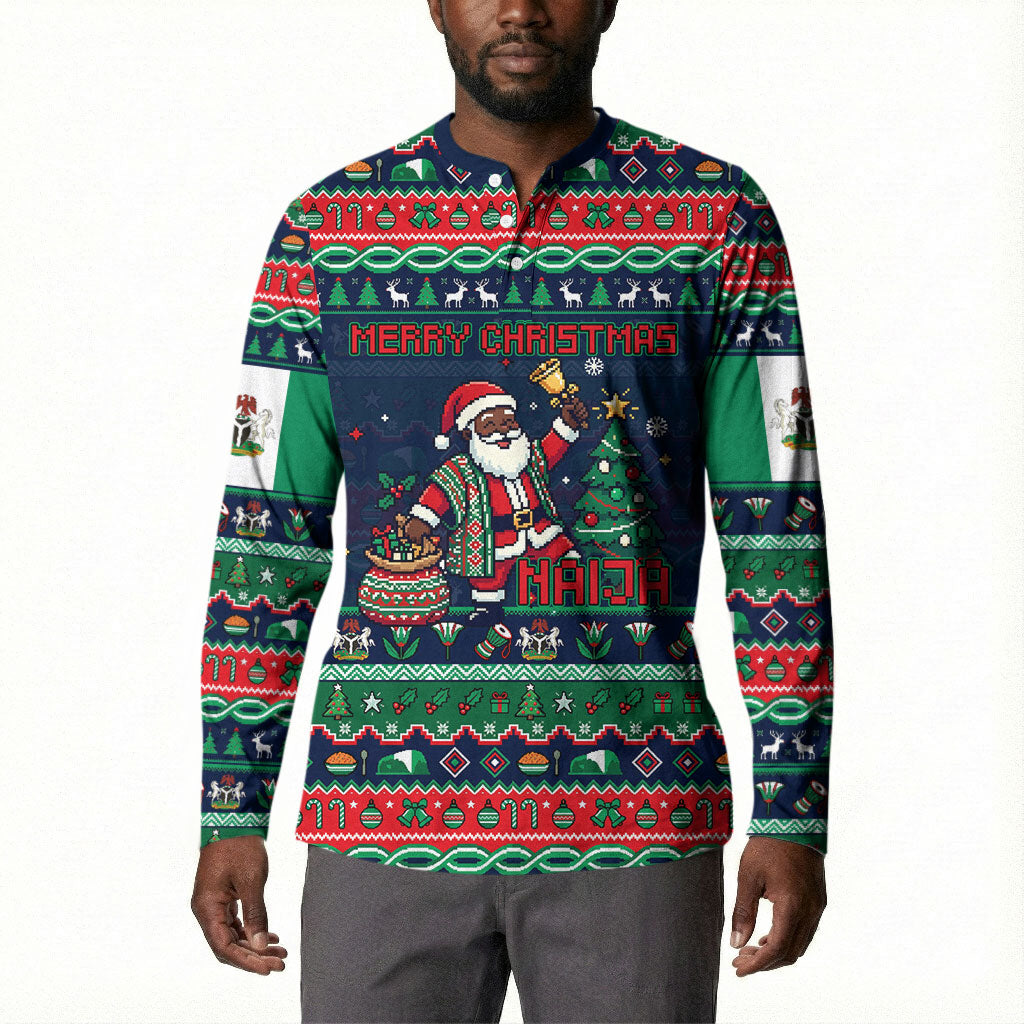 Nigeria Christmas Naija Santa Button Sweatshirt Zuma Rock Eagle Ugly Xmas Pixel Art