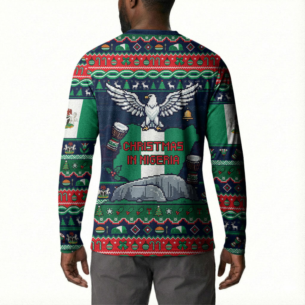 Nigeria Christmas Naija Santa Button Sweatshirt Zuma Rock Eagle Ugly Xmas Pixel Art