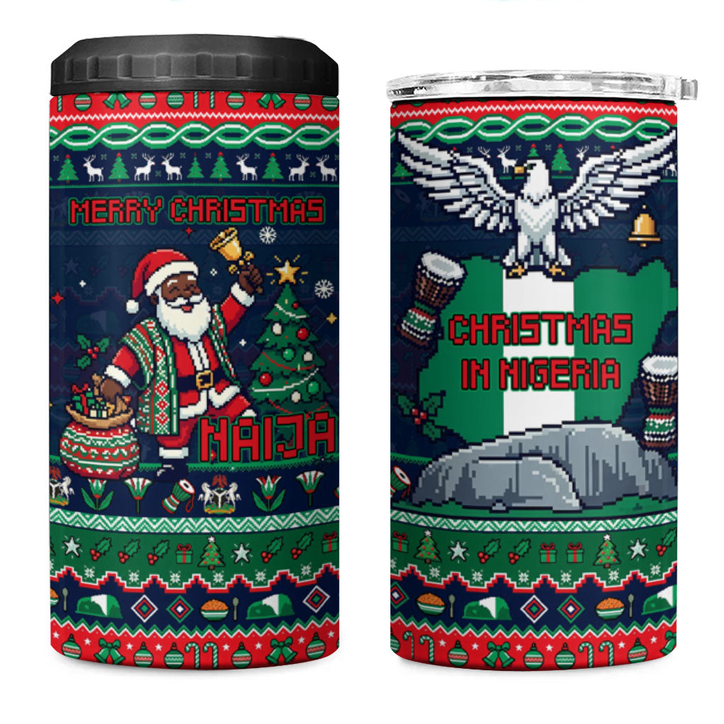 Nigeria Christmas Naija Santa 4 in 1 Can Cooler Tumbler Zuma Rock Eagle Ugly Xmas Pixel Art
