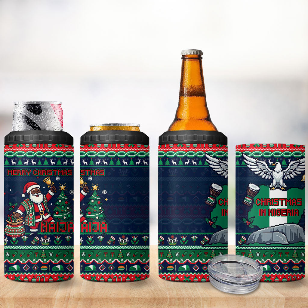 Nigeria Christmas Naija Santa 4 in 1 Can Cooler Tumbler Zuma Rock Eagle Ugly Xmas Pixel Art