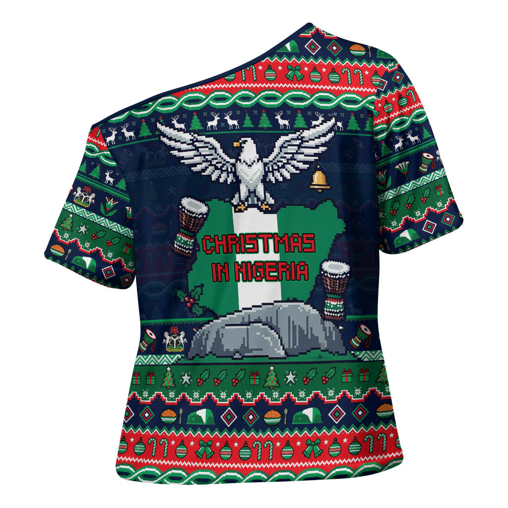 Nigeria Christmas Naija Santa Cross Shoulder Shirt Zuma Rock Eagle Ugly Xmas Pixel Art