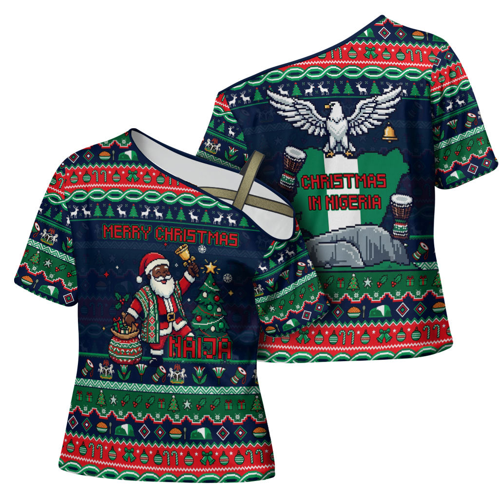 Nigeria Christmas Naija Santa Cross Shoulder Shirt Zuma Rock Eagle Ugly Xmas Pixel Art