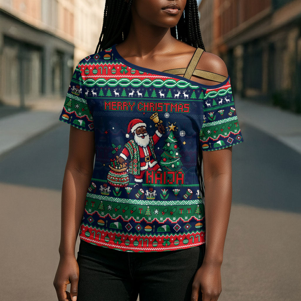 Nigeria Christmas Naija Santa Cross Shoulder Shirt Zuma Rock Eagle Ugly Xmas Pixel Art