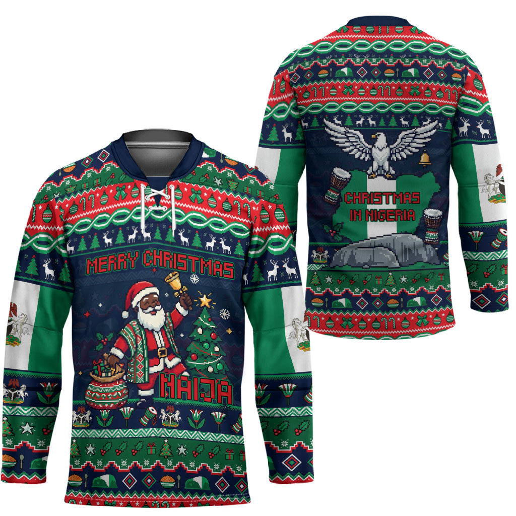 Nigeria Christmas Naija Santa Hockey Jersey Zuma Rock Eagle Ugly Xmas Pixel Art