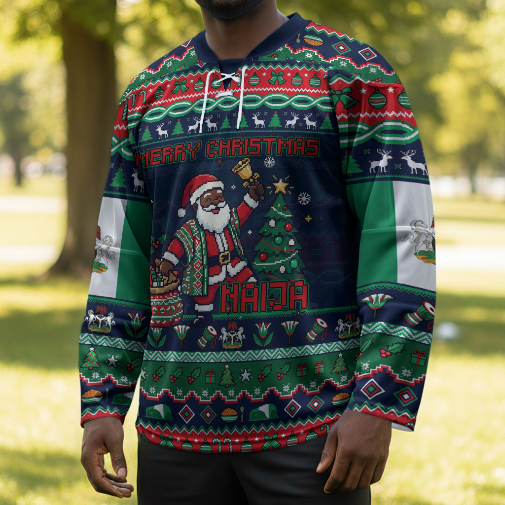 Nigeria Christmas Naija Santa Hockey Jersey Zuma Rock Eagle Ugly Xmas Pixel Art