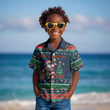 Nigeria Christmas Naija Santa Kid Hawaiian Shirt Zuma Rock Eagle Ugly Xmas Pixel Art