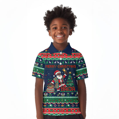 Nigeria Christmas Naija Santa Kid Polo Shirt Zuma Rock Eagle Ugly Xmas Pixel Art