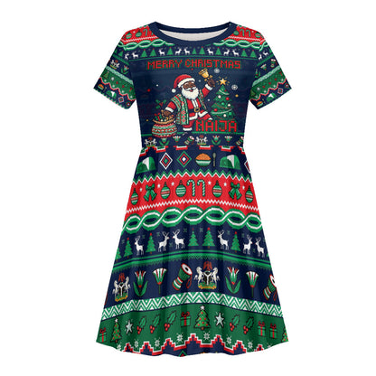 Nigeria Christmas Naija Santa Kid Short Sleeve Dress Zuma Rock Eagle Ugly Xmas Pixel Art