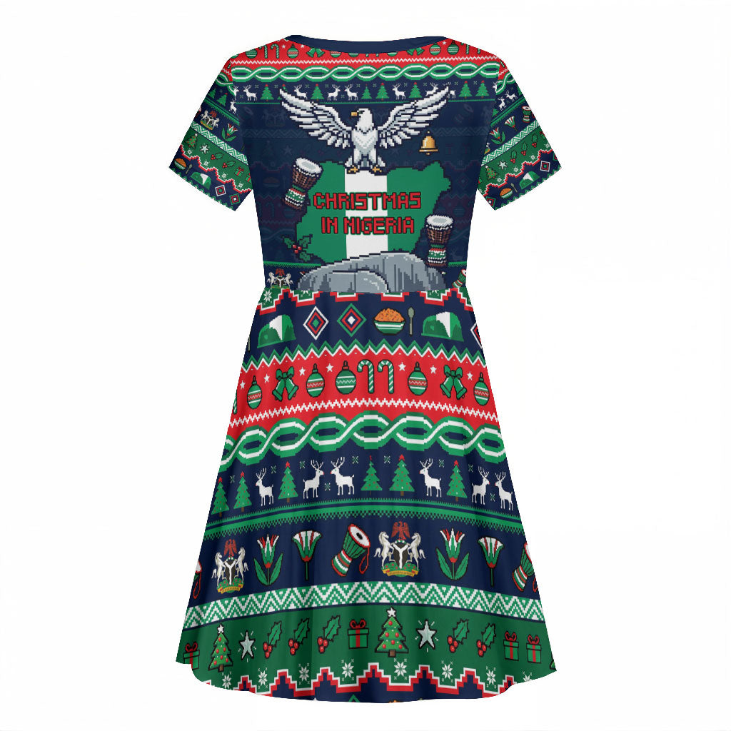 Nigeria Christmas Naija Santa Kid Short Sleeve Dress Zuma Rock Eagle Ugly Xmas Pixel Art