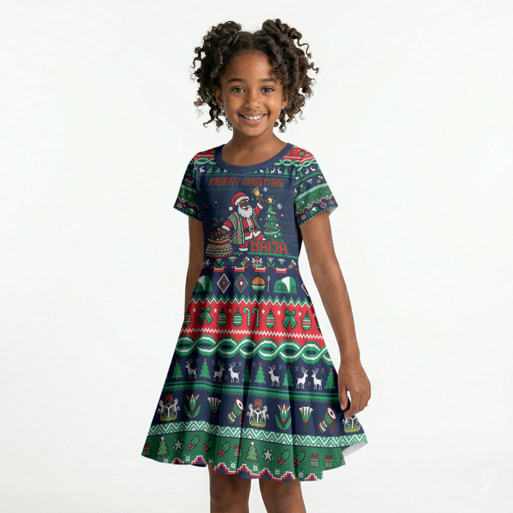 Nigeria Christmas Naija Santa Kid Short Sleeve Dress Zuma Rock Eagle Ugly Xmas Pixel Art