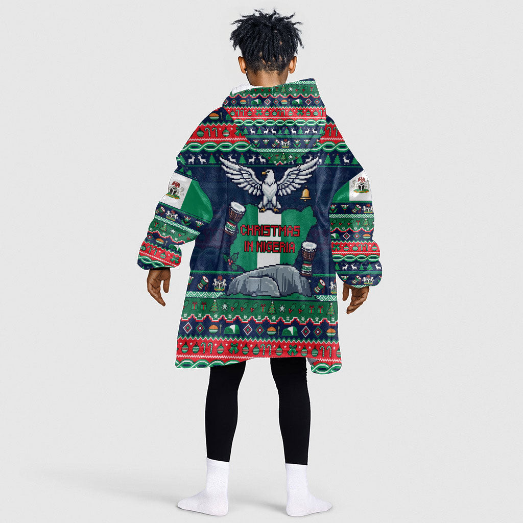 Nigeria Christmas Naija Santa Kid Wearable Blanket Hoodie Zuma Rock Eagle Ugly Xmas Pixel Art