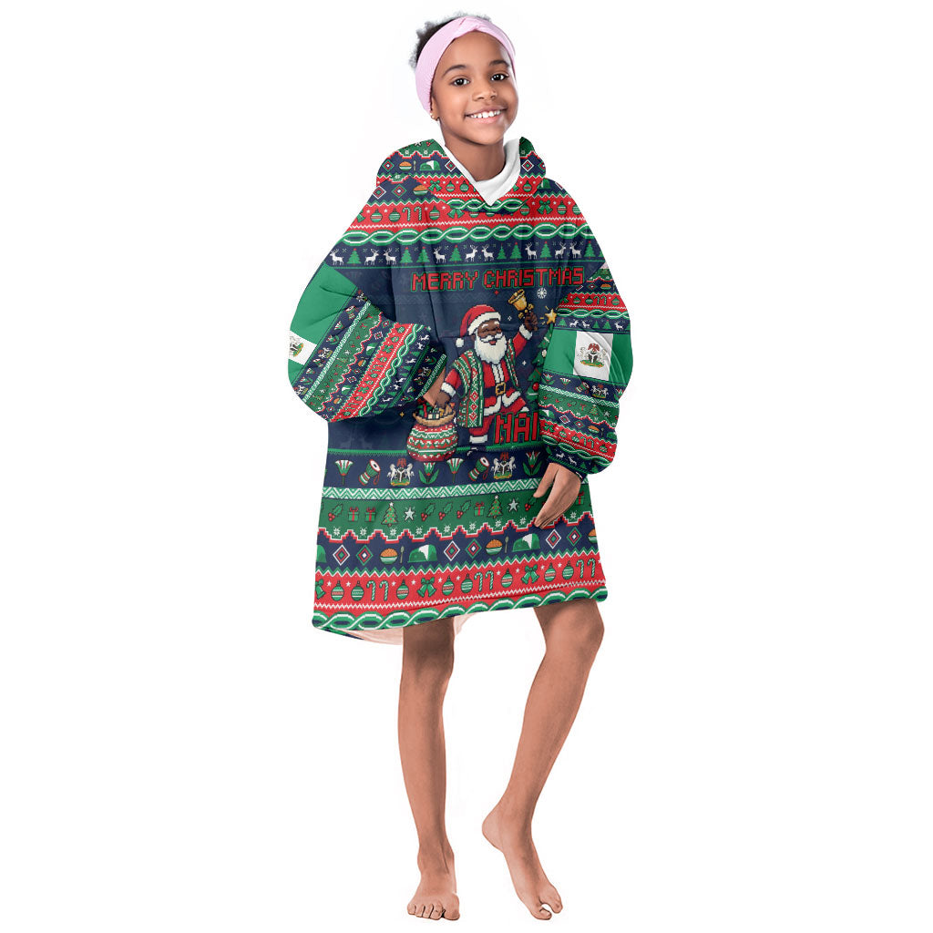 Nigeria Christmas Naija Santa Kid Wearable Blanket Hoodie Zuma Rock Eagle Ugly Xmas Pixel Art