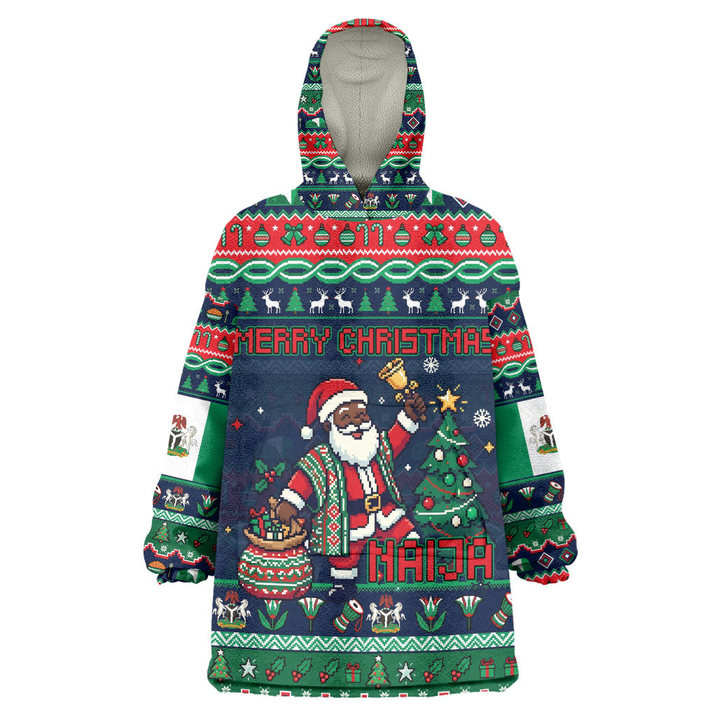 Nigeria Christmas Naija Santa Kid Wearable Blanket Hoodie Zuma Rock Eagle Ugly Xmas Pixel Art