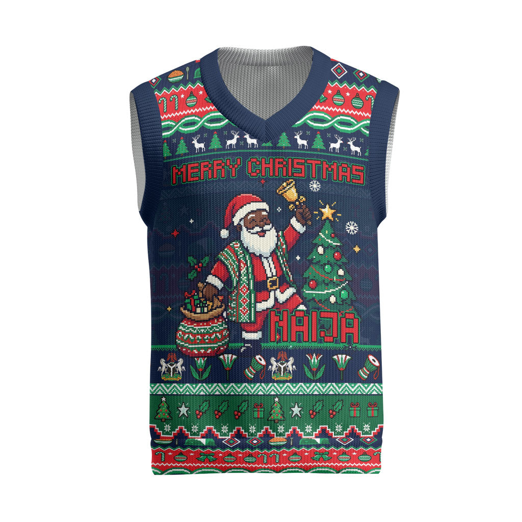 Nigeria Christmas Naija Santa Christmas Knitted V-Neck Vest Zuma Rock Eagle Ugly Xmas Pixel Art