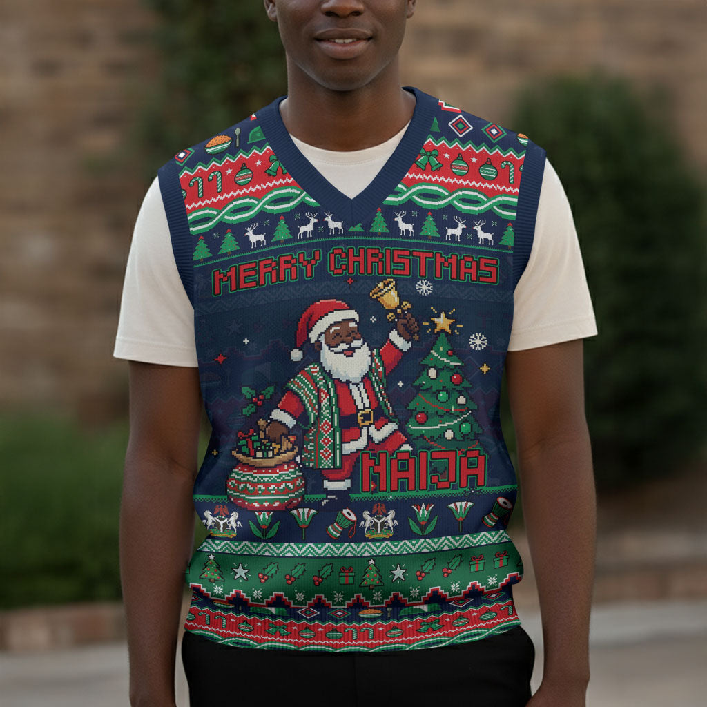 Nigeria Christmas Naija Santa Christmas Knitted V-Neck Vest Zuma Rock Eagle Ugly Xmas Pixel Art