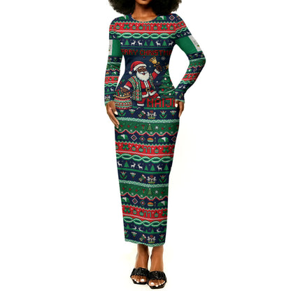 Nigeria Christmas Naija Santa Long Sleeve Bodycon Dress Zuma Rock Eagle Ugly Xmas Pixel Art