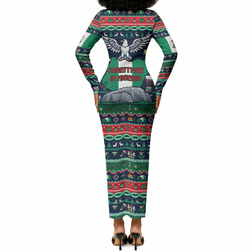 Nigeria Christmas Naija Santa Long Sleeve Bodycon Dress Zuma Rock Eagle Ugly Xmas Pixel Art