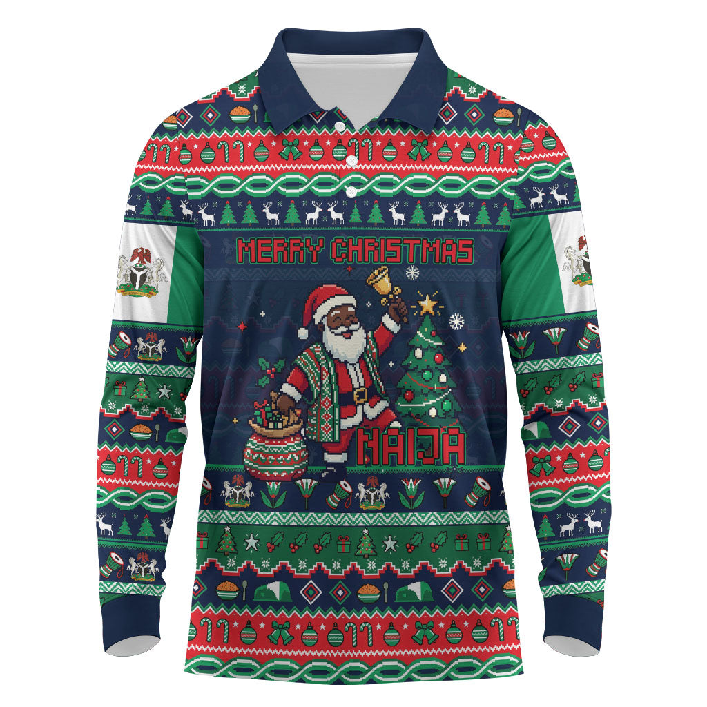 Nigeria Christmas Naija Santa Long Sleeve Polo Shirt Zuma Rock Eagle Ugly Xmas Pixel Art