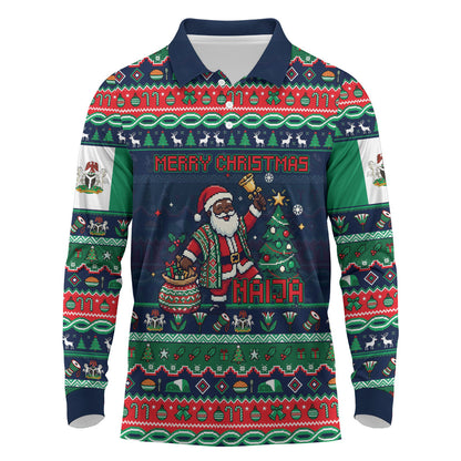 Nigeria Christmas Naija Santa Long Sleeve Polo Shirt Zuma Rock Eagle Ugly Xmas Pixel Art