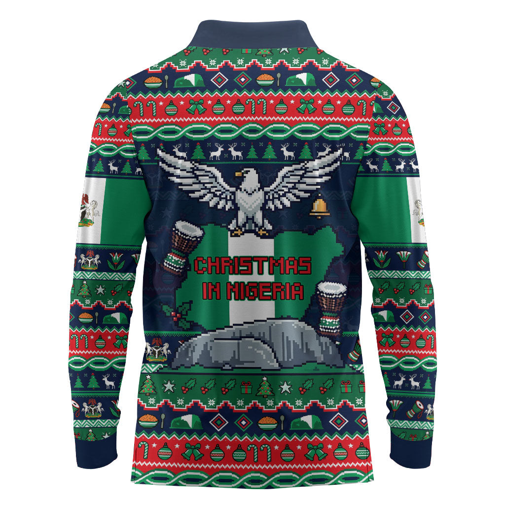 Nigeria Christmas Naija Santa Long Sleeve Polo Shirt Zuma Rock Eagle Ugly Xmas Pixel Art