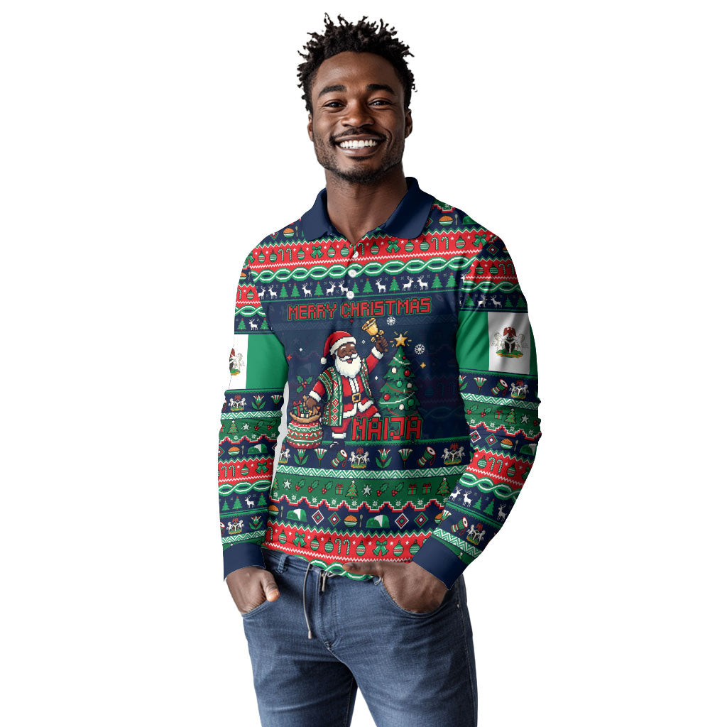 Nigeria Christmas Naija Santa Long Sleeve Polo Shirt Zuma Rock Eagle Ugly Xmas Pixel Art