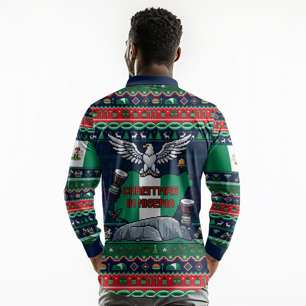 Nigeria Christmas Naija Santa Long Sleeve Polo Shirt Zuma Rock Eagle Ugly Xmas Pixel Art