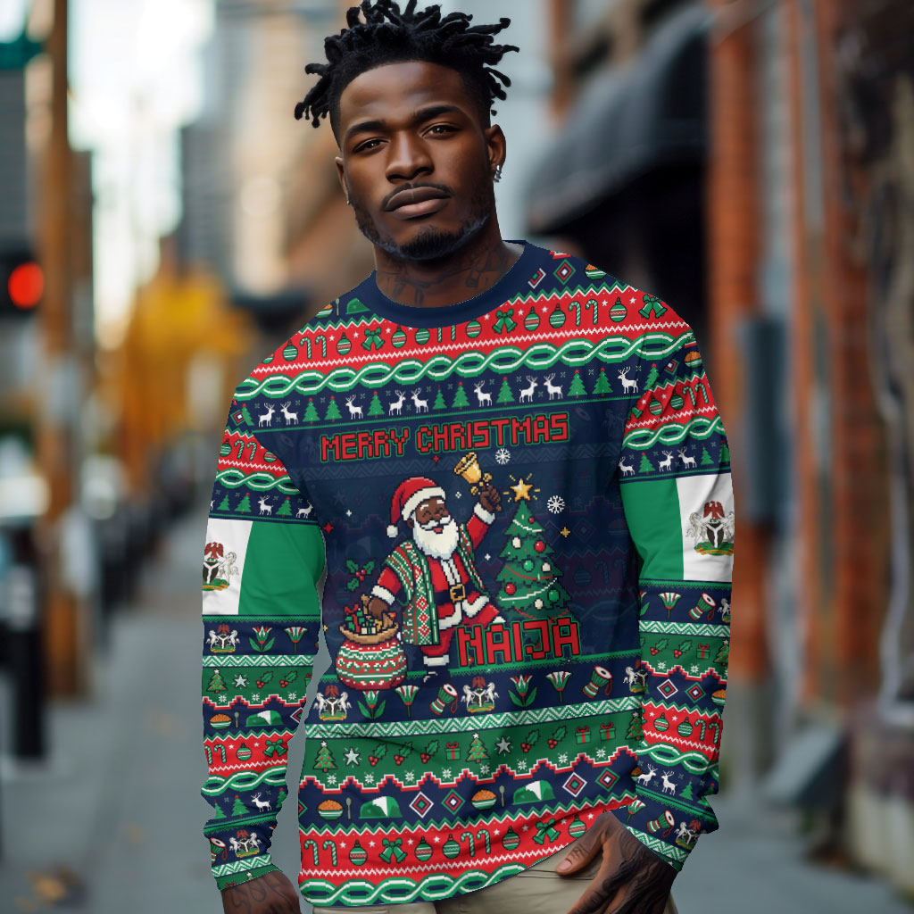 Nigeria Christmas Naija Santa Long Sleeve Shirt Zuma Rock Eagle Ugly Xmas Pixel Art