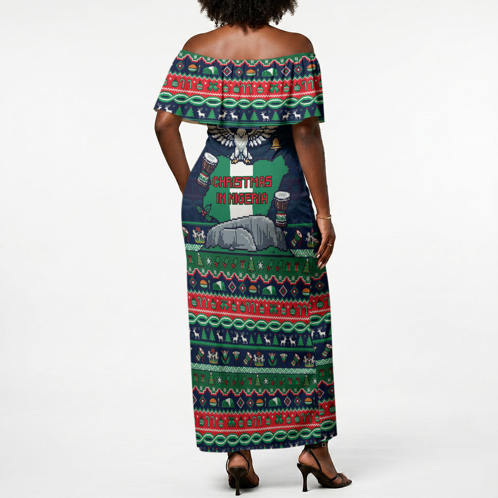 Nigeria Christmas Naija Santa Off Shoulder Maxi Dress Zuma Rock Eagle Ugly Xmas Pixel Art