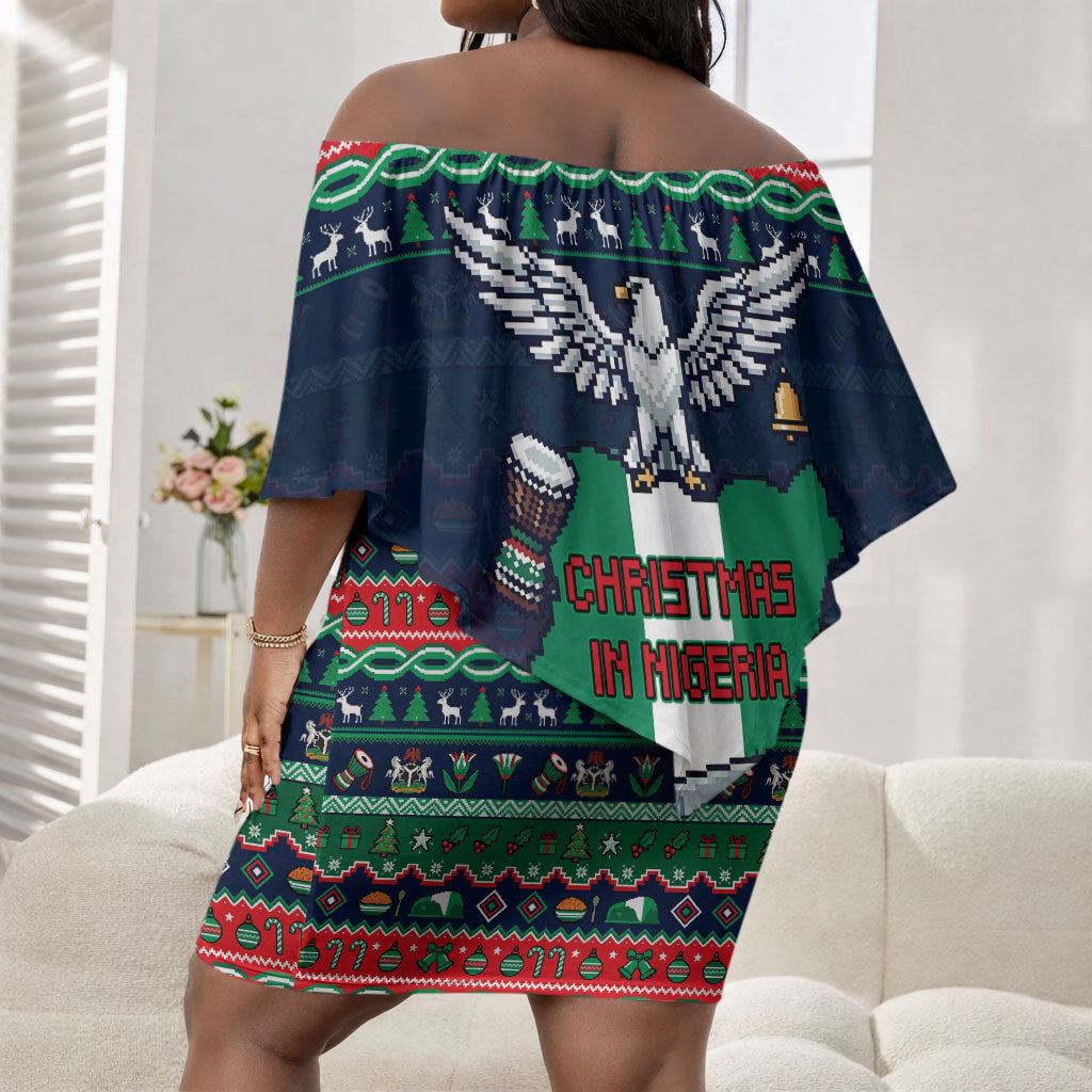 Nigeria Christmas Naija Santa Off Shoulder Short Dress Zuma Rock Eagle Ugly Xmas Pixel Art