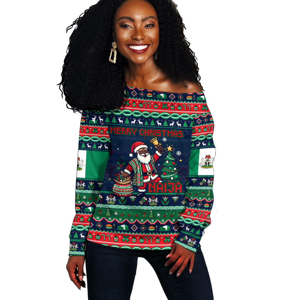 Nigeria Christmas Naija Santa Off Shoulder Sweater Zuma Rock Eagle Ugly Xmas Pixel Art