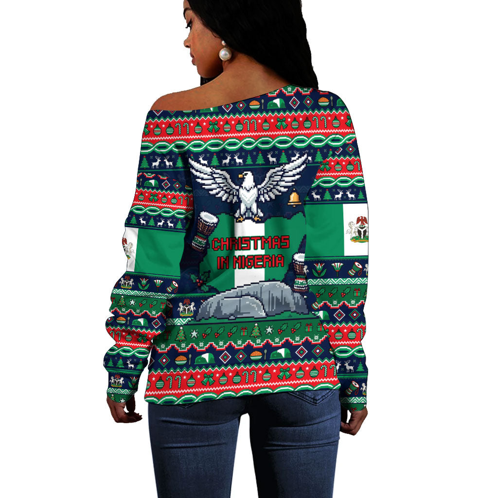 Nigeria Christmas Naija Santa Off Shoulder Sweater Zuma Rock Eagle Ugly Xmas Pixel Art